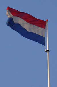 The flag of the Netherlands flies