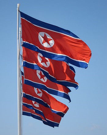 A row of North Korean flags flying