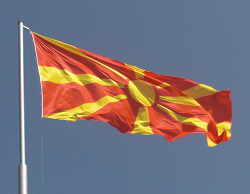 The flag of North Macedonia flies