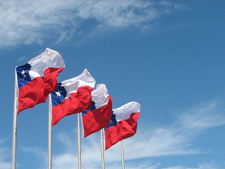 A row of Chilean flags flying in Puerto Montt, Chile