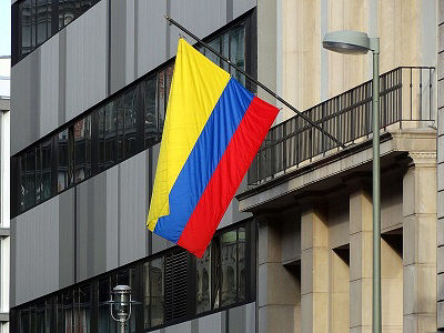 The flag of Colombia flies
