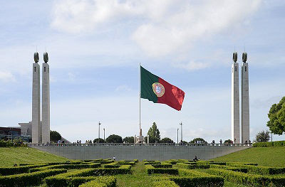 The flag of Portugal flies in Lisbon, Portugal