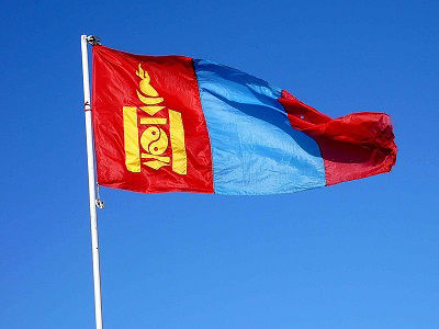 The flag of Mongolia flies