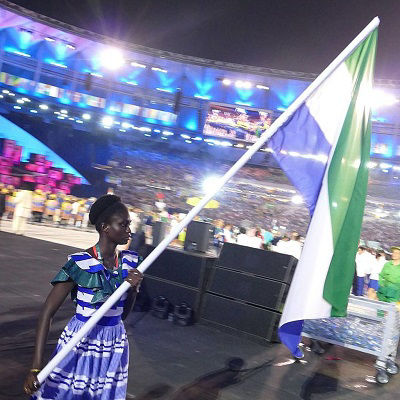 Sierra Leone flag bearer, Bunturabie Jalloh (swimmer), at the opening ceremony of the 2016 Summer Olympic Games in Rio de Janeiro, Brazil